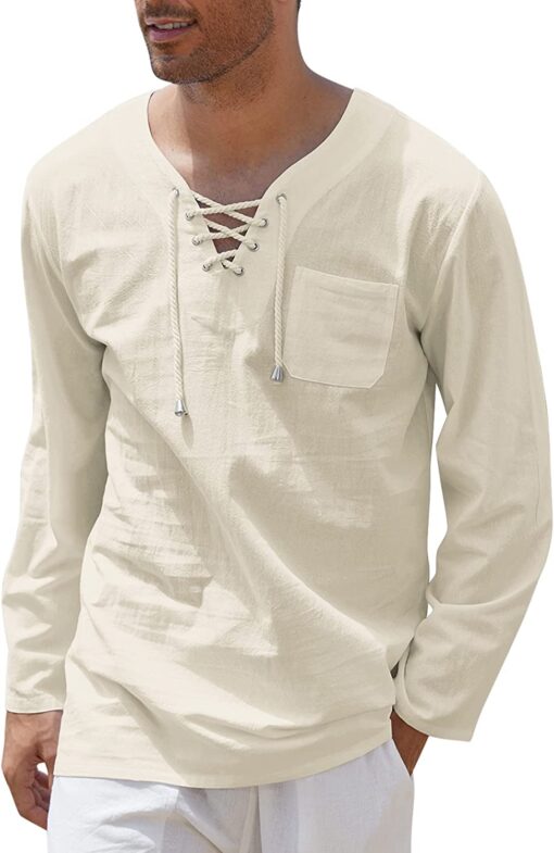 COOFANDY Mens Cotton Linen Shirts Lace Up Casual Beach Hippie Tee Shirts V Neck