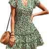 KIRUNDO Women’s Summer Hot Short Sleeve V-Neck High Waist Floral Print Mini Boho Sun Dress with Button